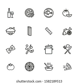 Italian cuisine line icon set. Wine, pizza, salmon. Food concept. Can be used for topics like healthy diet, restaurant menu, dinner, cooking