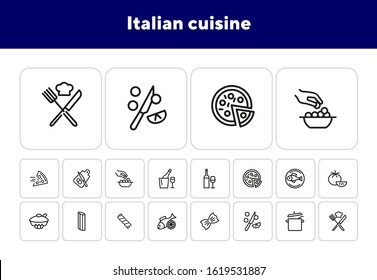 Italian cuisine line icon set. Wine, pizza, salmon. Food concept. Can be used for topics like healthy diet, restaurant menu, dinner, cooking