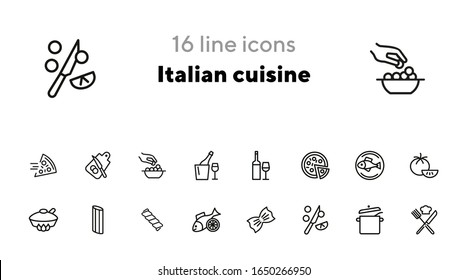 Italian cuisine line icon set. Wine, pizza, salmon. Food concept. Can be used for topics like healthy diet, restaurant menu, dinner, cooking