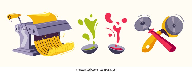 Italian cuisine. Making delicious pasta. Cartoon vector illustration. Great dinner. For web and print. Fresh meal. Homemade cooking. Pasta machine