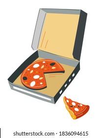 Italian cuisine meal delivery, ordering pizza with cheese and salami. Pizzeria products, margarita or pepperoni, portions of food. Yummy dish in cardboard, delicious lunch vector in flat style