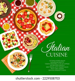 Italian cuisine menu cover page template. Octopus potato salad, ravioli with tomato sauce and pizza Diavola, seafood spaghetti pasta, cake Cassata and tomato mozzarella salad Caprese, mushroom risotto