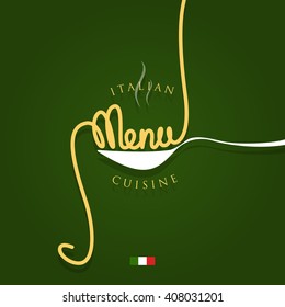 Italian cuisine. Menu cover with spaghetti and the spoon - vector illustration