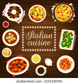 Italian cuisine menu cover template. Broccoli with garlic oil, soup Acquacotta and leftover lasagna, meat with wine sauce and Soffritto stew, Italian coffee, Mont Blanc dessert and omelette Frittata