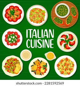 Italian cuisine menu cover template. Tomato mozzarella salad Caprese, Crostini with Pesto sauce and beef Carpaccio, Caesar, Caponata and pasta salad with smoked fish, chicken salad, stuffed artichoke