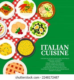 Italian cuisine menu cover, vector chicken salad with pasta and vegetables, cream cheese pie crosstata, creamy polenta. Eggplant casserole, potato dumplings gnocchi, tuna salad with pasta and olives