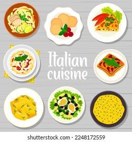 Italian cuisine menu cover, vector creamy polenta, tuna salad with pasta and olives. Vegetable omelette frittata, pasta salad with cream sauce, amaretti cookies and with cheese pie crosstata meals