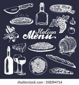 Italian cuisine menu. Hand sketched traditional southern europe food and drink signs. Vector set of mediterranean meal elements with lettering in ink style. 