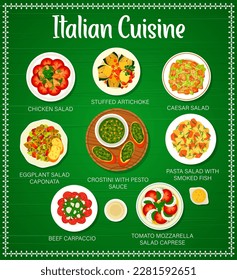 Italian cuisine menu page design. Stuffed artichoke, beef Carpaccio, pasta with smoked fish and tomato mozzarella Caprese salad, Crostini with Pesto sauce, chicken, eggplant Caponata and Ceasar salads