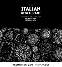 Italian Cuisine Menu. Top view. Sketch illustration. Italian food. Design template. Hand drawn illustration. Black and white. Engraved style. Pasta and pizza, antipasto. Authentic dishes.