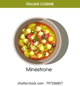 Italian cuisine Ministrone soup vector icon for restaurant menu or cooking recipe template