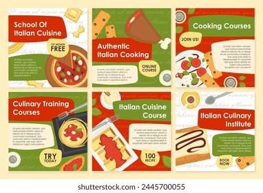 Italian cuisine online course, social media post set. Culinary class promotion design, authentic cooking education collection. Learning meals recipes in school advertising, vector illustration