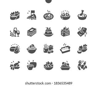 Italian cuisine. Oriental italian food. Pasta with mushrooms, cheese, rukkola and cherry tomatoes. Mediterranean culture. Menu for restaurant and cafe. Vector Solid Icons. Simple Pictogram