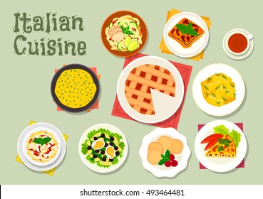 Italian cuisine pasta dishes icon served with sausage, ham, cream sauce and chicken, tomato egg pie, polenta, potato dumpling, eggplant casserole, almond cookie, tuna salad, cheese cake