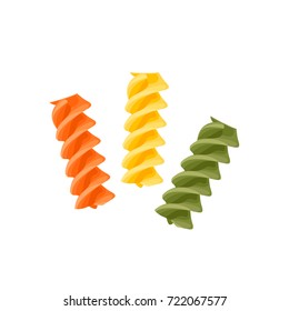 Italian cuisine. Pasta fusilli tricolor - red, green, yellow. Vector illustration cartoon flat icon isolated on white.