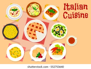 Italian cuisine pasta salad icon served with bean, olive and egg, eggplant lasagna, spaghetti with chicken, potato dumpling, vegetable omelette, polenta, cream cheese pie, almond cookie