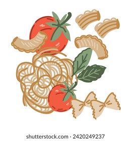 Italian cuisine pasta, spaghetti label or emblem design. Label for noodle dish, flat hand drawn vector illustration isolated on white background.