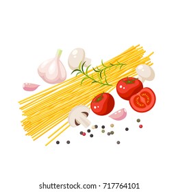 Italian cuisine. Pasta spaghetti, mushrooms, tomatoes, garlic, peppercorn. Vector illustration cartoon flat icon isolated on white.