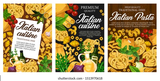 Italian cuisine pasta, traditional dishes. Vector homemade conchiglie, gnocchi and farfalle. Noodles, spaghetti, macarones and lasagna with cooking spices and herbs, olive oil and seasonings