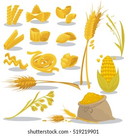 Italian cuisine pasta Vector set foods of wheat. Pasta and macaroni, fusilli, spaghetti and penne, farfalle and tagliatelle.  Cartoon isolated on white background.