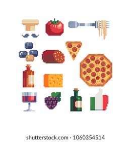 Italian cuisine pixel art icons set part 1, pizza wine cheese and spaghetti isolated vector illustration on white backround. Design for logo, sticker and mobile application. Game assets 8 bit sprite.