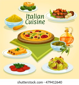 Italian cuisine pizza carbonara icon with caesar salad, beef carpaccio, fish stuffed cannelloni pasta, spinach omelette, polenta with parmesan, basil pesto sauce with olive oil, beef with boletus