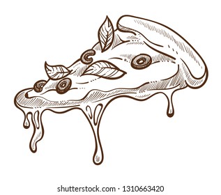 Italian cuisine pizza slice dish or meal melting cheese and olives isolated vector sketch pastry food vegetarian with basil travel to Italy cooking restaurant or cafe culinary journey or trip.