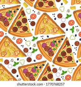 Italian cuisine pizza slices seamless pattern. Dough with pepper and tomatoes, salami and olives, basil and herbs, cheese and sauce. Portion of traditional dish diet and nutrition vector in flat