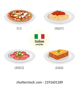 Italian cuisine (pizza, spaghetti, carpaccio, and lasagna) in white isolated background. Food concept vector illustration