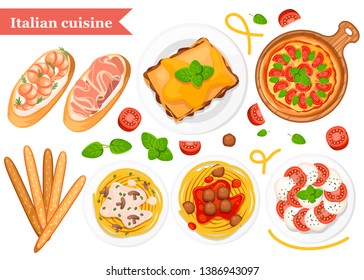 Italian cuisine. Pizza, spaghetti, risotto, bruschetta and grissini. Classic italian food on plates and wooden plank. Flat vector illustration on white background.