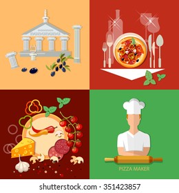 Italian cuisine pizzeria chief cooker pizza ingredients restaurant menu template vector icon set 