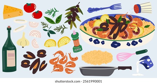 Italian Cuisine poster. Pasta and seafood risotto. A dish with seafood, shrimp, mussels, greens, onion, olives and tomatoes. Poster food recipe. Fresh vegetables cartoon icon design food