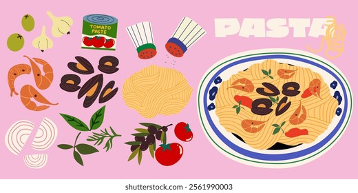 Italian Cuisine poster. Pasta and seafood risotto. A dish with seafood, shrimp, mussels, greens, onion, olives and tomatoes. Poster food recipe. Fresh vegetables cartoon icon design food