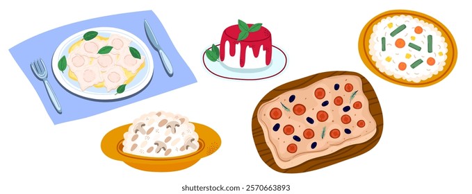 Italian cuisine. Ravioli, panna cotta, vegetable risotto, mushroom risotto, and pizza. Ideal for culinary guides, menus, or cultural presentations