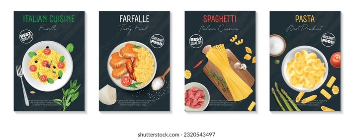 Italian cuisine realistic vertical posters set with types of pasta and other ingredients isolated vector illustration