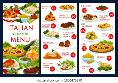 Italian cuisine restaurant menu cover vector template. Italian dishes menu with pizza and spaghetti, meals with veal, chicken meat and shrimps, dessert cake, carpaccio and polenta, garnish with herbs