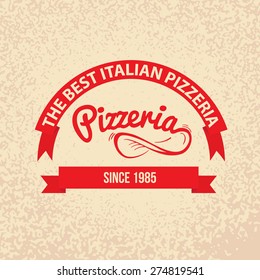 Italian cuisine Retro Vintage Labels Logo design. Hand drawn lettering with Spin the dough into the air and red ribbons on paper background. Best pizzeria since.