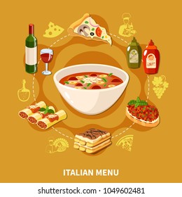 Italian cuisine round set of popular dishes with stuffed cannelloni minestrone soup pasta with mussel pizza ravioli tiramisu flat icons vector illustration