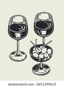 Culinária italiana e ilustrações inspiradas no mar com massa, frutos do mar, vinho, limões, conchas, ervas no estilo do vetor de desenhos animados doodle, arte de parede de cozinha mediterrânea imprime no estilo la dolce vita.