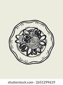 Italian cuisine and sea inspired illustrations with pasta, seafood, wine, lemons, shells, herbs in doodle cartoon vector style, Mediterranean kitchen wall art prints in la dolce vita style.