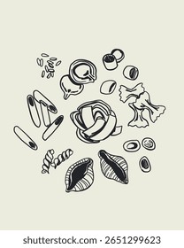 Italian cuisine and sea inspired illustrations with pasta, seafood, wine, lemons, shells, herbs in doodle cartoon vector style, Mediterranean kitchen wall art prints in la dolce vita style.