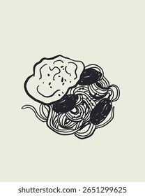 Culinária italiana e ilustrações inspiradas no mar com massa, frutos do mar, vinho, limões, conchas, ervas no estilo do vetor de desenhos animados doodle, arte de parede de cozinha mediterrânea imprime no estilo la dolce vita.
