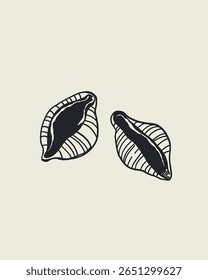 Italian cuisine and sea inspired illustrations with pasta, seafood, wine, lemons, shells, herbs in doodle cartoon vector style, Mediterranean kitchen wall art prints in la dolce vita style.
