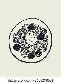 Italian cuisine and sea inspired illustrations with pasta, seafood, wine, lemons, shells, herbs in doodle cartoon vector style, Mediterranean kitchen wall art prints in la dolce vita style.