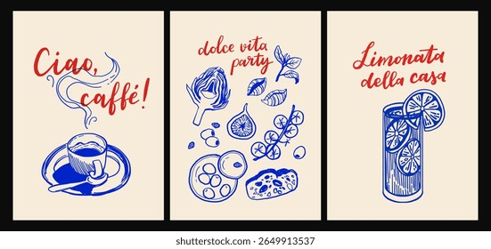 Cartaz inspirado na cozinha italiana e no mar com massas, frutos do mar, vinho, limões, conchas, ervas e azulejos decorativos azuis em estilo de vetor de desenhos animados planos, impressões de arte de parede de cozinha mediterrânea