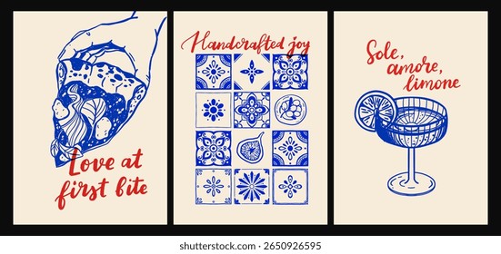Cartaz inspirado na cozinha italiana e no mar com massas, frutos do mar, vinho, limões, conchas, ervas e azulejos decorativos azuis em estilo de vetor de desenhos animados planos, impressões de arte de parede de cozinha mediterrânea