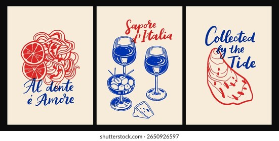 Cartaz inspirado na cozinha italiana e no mar com massas, frutos do mar, vinho, limões, conchas, ervas e azulejos decorativos azuis em estilo de vetor de desenhos animados planos, impressões de arte de parede de cozinha mediterrânea