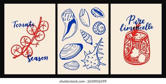 Italian cuisine and sea inspired poster set with pasta, seafood, wine, lemons, shells, herbs and decorative blue tiles in flat cartoon vector style, Mediterranean kitchen wall art prints