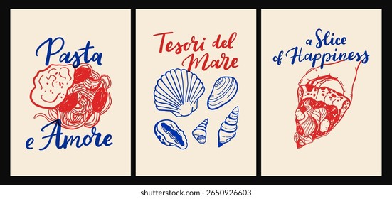 Cartaz inspirado na cozinha italiana e no mar com massas, frutos do mar, vinho, limões, conchas, ervas e azulejos decorativos azuis em estilo de vetor de desenhos animados planos, impressões de arte de parede de cozinha mediterrânea