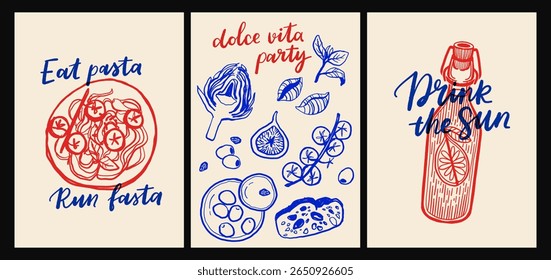 Cartaz inspirado na cozinha italiana e no mar com massas, frutos do mar, vinho, limões, conchas, ervas e azulejos decorativos azuis em estilo de vetor de desenhos animados planos, impressões de arte de parede de cozinha mediterrânea
